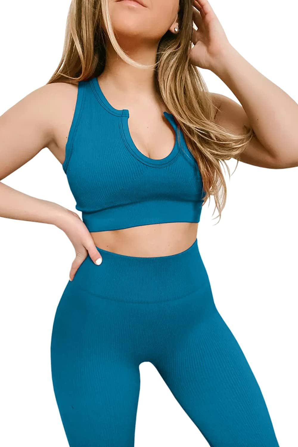 Women's Yoga Workout Set: High-Waisted Leggings and Sports Bra in Light Blue, Size S