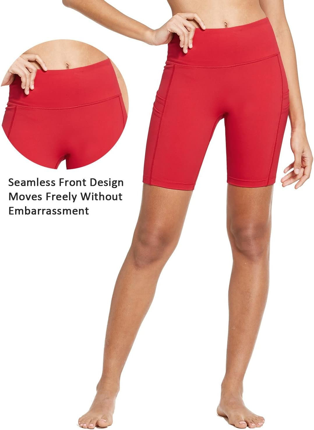 Women's 8-Inch High-Waist Compression Biker Shorts with 4 Pockets for Yoga and Athletic Workouts, Rose Red, Size XL