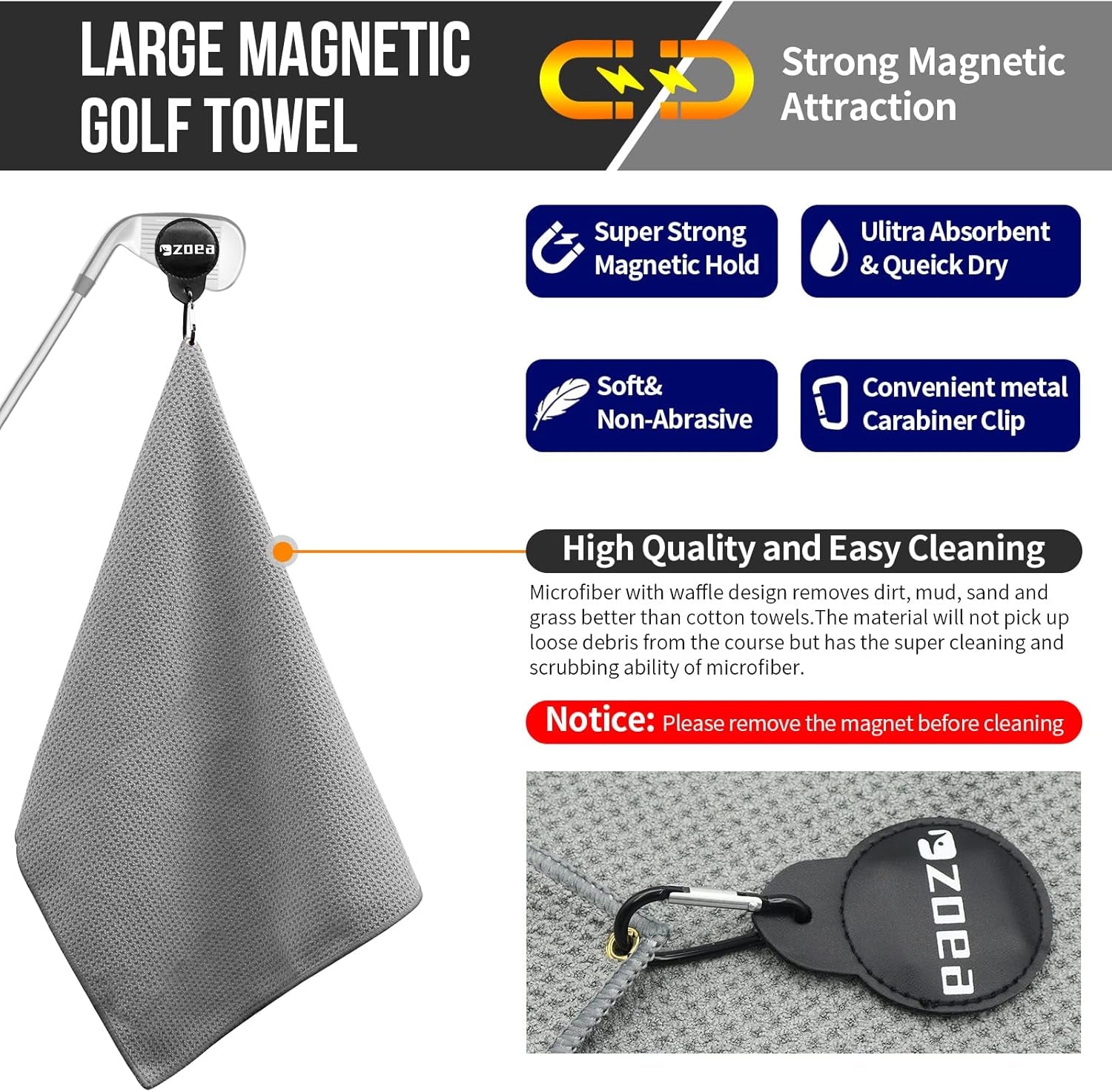Magnetic Towel, Magnetic Clip for Golf Towel, Microfiber Fabric Waffle Pattern Towels Industrial Strength Magnet for Strong Hold to Golf Carts or Clubs (1, Grey 27 * 20)
