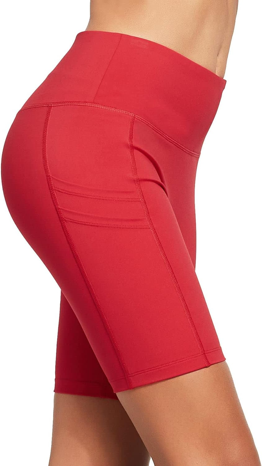 Women's 8-Inch High-Waist Compression Biker Shorts with 4 Pockets for Yoga and Athletic Workouts, Rose Red, Size XL