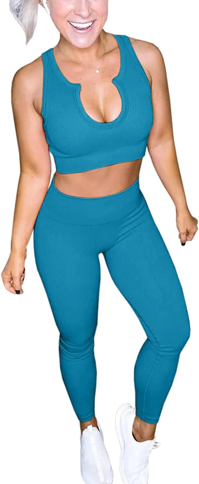 Women's Yoga Workout Set: High-Waisted Leggings and Sports Bra in Light Blue, Size S