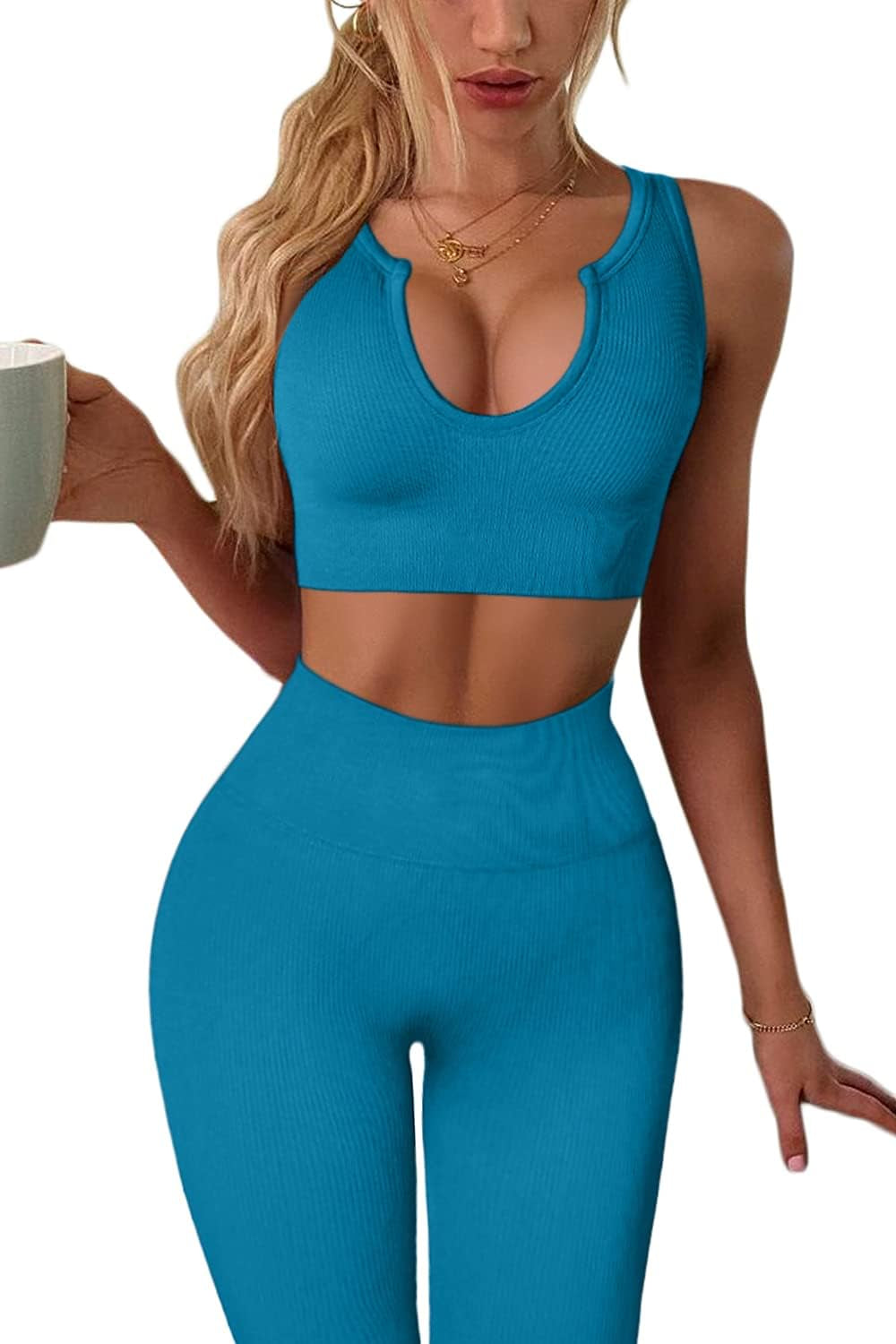 Women's Yoga Workout Set: High-Waisted Leggings and Sports Bra in Light Blue, Size S
