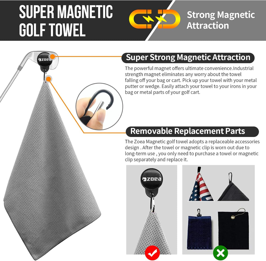 Magnetic Towel, Magnetic Clip for Golf Towel, Microfiber Fabric Waffle Pattern Towels Industrial Strength Magnet for Strong Hold to Golf Carts or Clubs (1, Grey 27 * 20)
