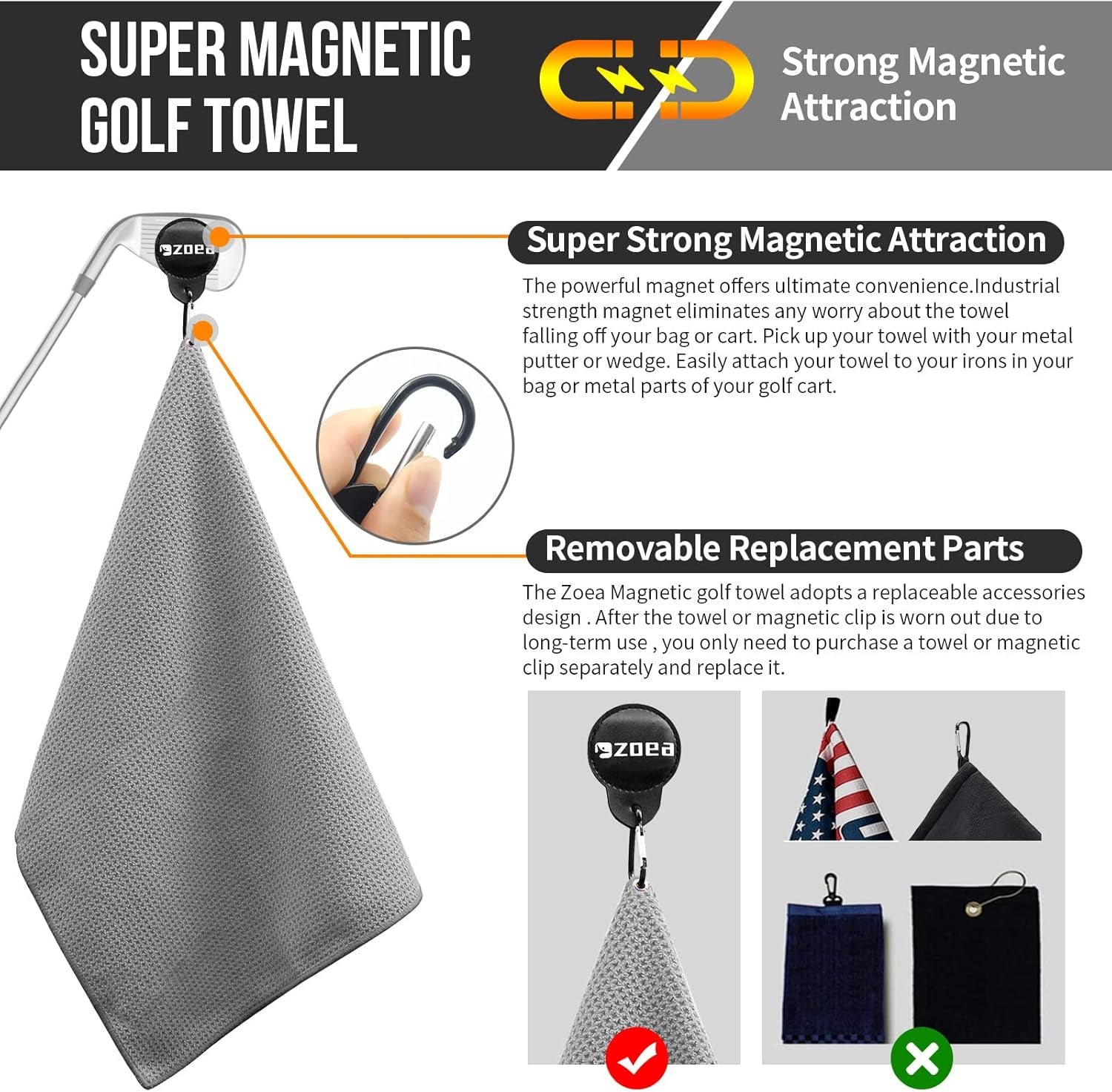 Magnetic Towel, Magnetic Clip for Golf Towel, Microfiber Fabric Waffle Pattern Towels Industrial Strength Magnet for Strong Hold to Golf Carts or Clubs (1, Grey 27 * 20)