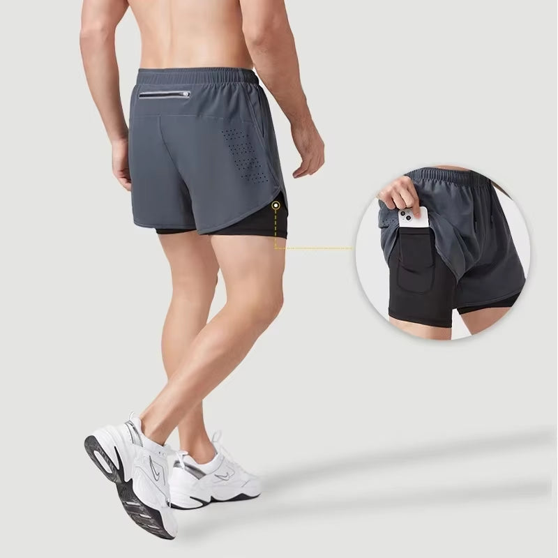 Men'S Shorts 2 in 1 Fitness Training Gym Sports Short Pants Quick Dry Built-In Pocket Double-Deck Beach Bottom Summer Shorts Men