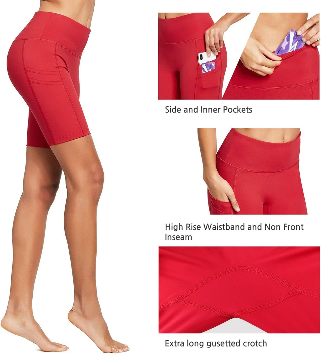 Women's 8-Inch High-Waist Compression Biker Shorts with 4 Pockets for Yoga and Athletic Workouts, Rose Red, Size XL