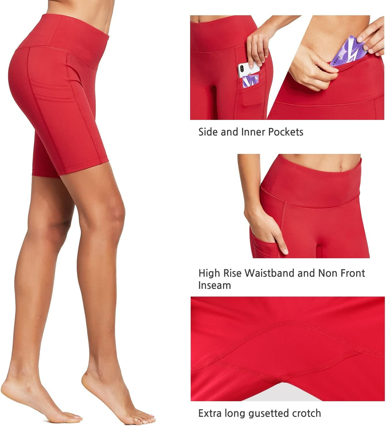 Women's 8-Inch High-Waist Compression Biker Shorts with 4 Pockets for Yoga and Athletic Workouts, Rose Red, Size XL