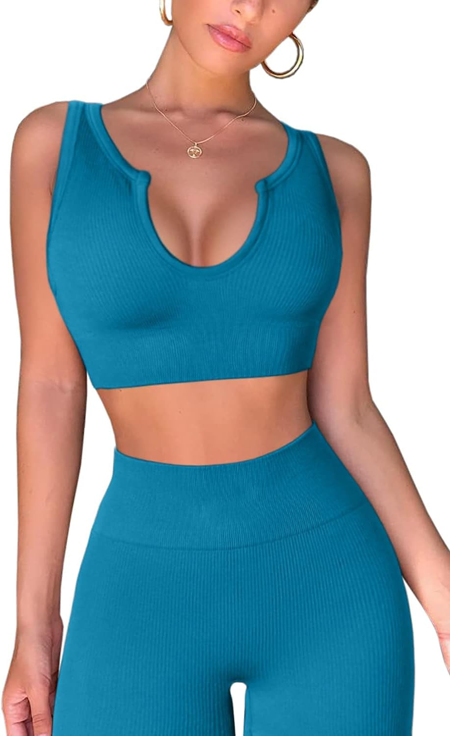 Women's Yoga Workout Set: High-Waisted Leggings and Sports Bra in Light Blue, Size S