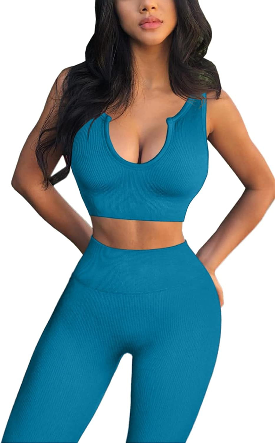Women's Yoga Workout Set: High-Waisted Leggings and Sports Bra in Light Blue, Size S